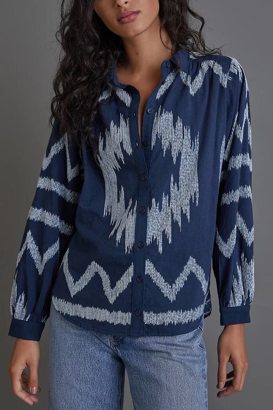 Pilcro Anthropologie Blue Western Chenille Button Down Blouse Cotton Blend XS